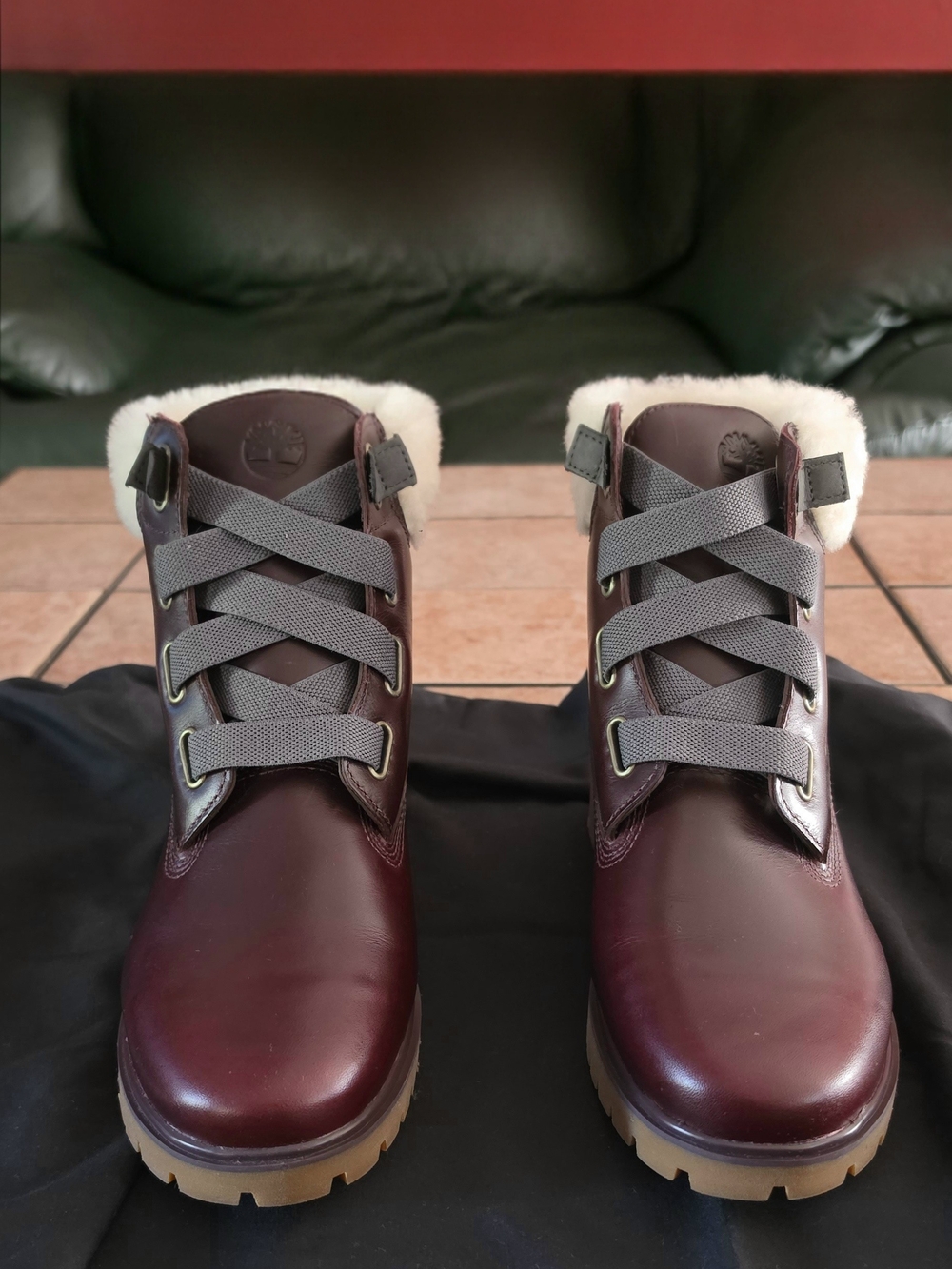 Timberland Women’s Burgundy -Natural Shearling Cuff Leather Boots